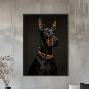 Striking black doberman painting Dog portrait art Stylish doberman artwork Bold canine statement piece Dark background dog painting