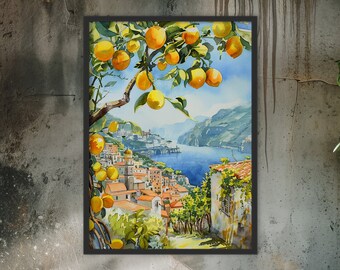 Watercolour lemon tree Coast painting coastal houses and lemon tree wall decor Home decoration Italian scenery wall art