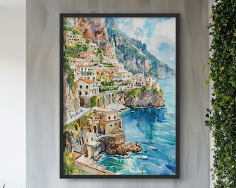 Watercolour Amalfi Coast painting with beach houses and flowers Coastal wall decor Home decoration Italian scenery wall art