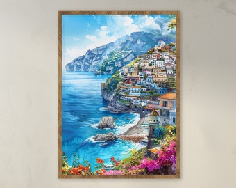 Watercolour Amalfi Coast painting with beach houses and flowers Coastal wall decor Home decoration Italian scenery wall art