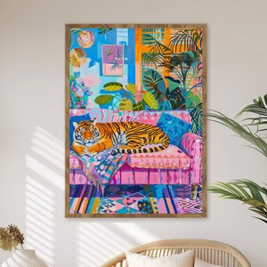 Tiger lounging maximalist style tiger painting living room wall art Exotic animal lounge decor Modern maximalist style tiger print