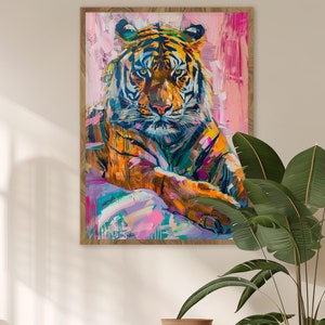 Maximalist style tiger painting bedroom wall art Exotic animal lounge decor Modern maximalist style tiger print