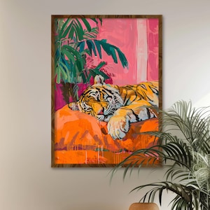 Maximalist style tiger painting bedroom wall art Exotic animal lounge decor Modern maximalist style tiger print