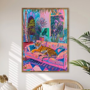 Tiger lounging maximalist style tiger painting living room wall art Exotic animal lounge decor Modern maximalist style tiger print