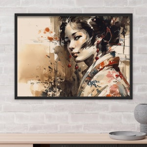 Pintura de acuarela de geisha japonesa antigua Arte tradicional japonés Pintura japonesa antigua Arte de acuarela vintage - Arte impreso