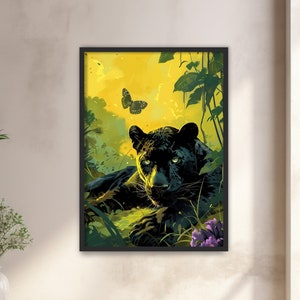 熱帯のジャングルのミニマリストの黒豹の絵画 黄色をテーマにしたジャングルのキャンバスアート パンサーと蝶の壁アート エレガントな黒豹