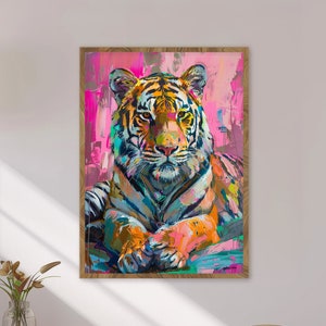 Maximalist style tiger painting bedroom wall art Exotic animal lounge decor Modern maximalist style tiger print