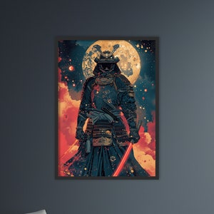cosmic samurai wielding a powerful sword celestial samurai art celestial decor Galactic masterpiece Sword-wielding warrior in the stars