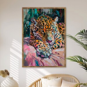 Maximalist style jaguar painting bedroom wall art Exotic animal lounge decor Modern maximalist style jaguar print