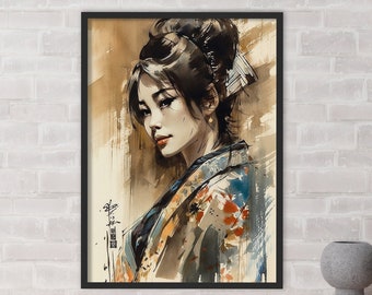 Vintage Japanese geisha watercolour painting Traditional Japanese lady art Japanese painting vintage watercolour art geisha wall art
