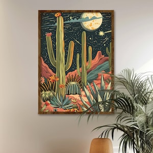 Vintage mexikanischen Kaktus in einer Wüste Drucken mexikanische Blumenwandkunst Retro- Blumenkunstwerk retro botanische mexikanische Wüstenwandkunst