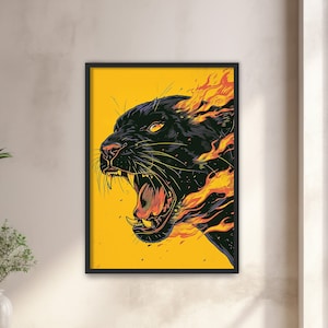 Black Panther Fiery Wildlife Art Panther in Flames wall art Black Panther on Fire print Contemporary Wildlife Artwork yellow themed art
