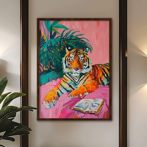 Maximalist style tiger painting bedroom wall art Exotic animal lounge decor Modern maximalist style tiger print