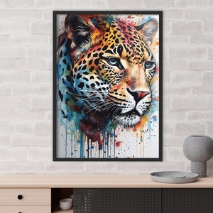 Colourful abstract jaguar art paint splatter jaguar artwork abstract wildlife art colourful jungle art big cat painting- Print art