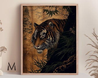 Japanese tiger wall art Black and gold tiger art Asian inspired wall decor Oriental tiger artwork traditional chinese painting
