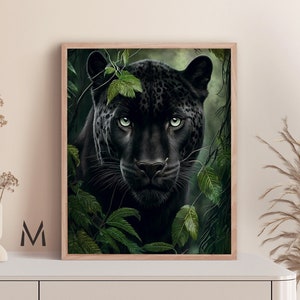 Tropical black panther wall art black jaguar painting greenery plants art nature wall art  - Print art
