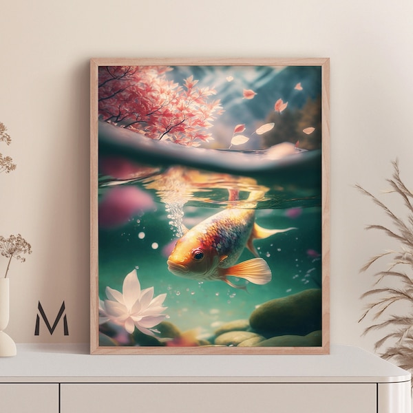 Koi fish painting Japanese landscape art Tranquil fish art Oriental painting Japanese culture artwork - Print art