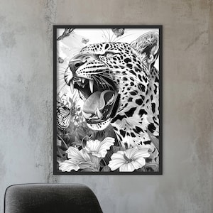 Black and white jaguar painting Contemporary jaguar in a monochrome jungle art Chic panther jungle wall art