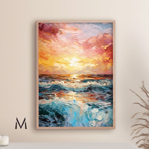 Ozeanwellen Gemälde Sonnenuntergang Meer Kunst Meereslandschaft Ölgemälde Küstensonnenuntergang Poster Ozean Sonnenuntergang Kunstwerk – Druck oder Leinwand