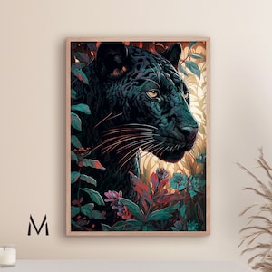 Black panther with flowers painting Big cat painting Panther art Animal kingdom painting panther wall art- Print art