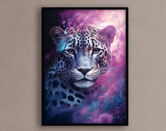 Jaguar portrait painting Starry galaxy wall art Celestial Jaguar art Cosmic wildlife painting Galaxy-themed Jaguar portrait