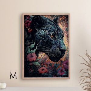 Black panther with flowers painting Big cat painting Panther art Animal kingdom painting panther wall art- Print art