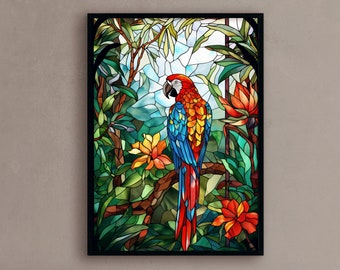 stained glass parrot wall art parrot art abstract art minimalist print parrot oil painting- Print or Canvas