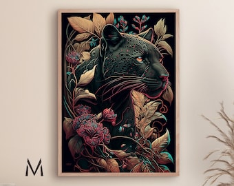Black panther with flowers painting Big cat painting Panther art Animal kingdom painting panther wall art- Print art