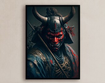 Japanese oni mask painting oni painting Anime warrior wall art for home samurai poster ancient Japanese warrior canvas