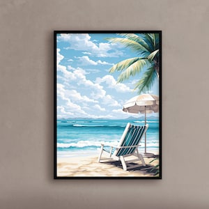 Tropical beach painting Beach chair artwork Seaside scenery art Coastal landscape painting Relaxing beach- Print art