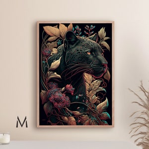 Black panther with flowers painting Big cat painting Panther art Animal kingdom painting panther wall art- Print art
