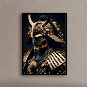 Arte de pared de samurái dorado, pintura de samurái dorado, arte de pared de samurái para decoración del hogar, arte de pared de samurái para sala de estar, arte de impresión de samurái