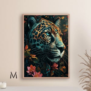 Jaguar with flowers painting Big cat painting Panther art Animal kingdom painting panther wall art- Print art