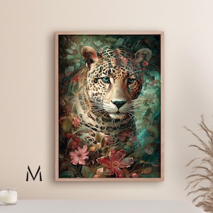 Jaguar with flowers painting Big cat painting Panther art Animal kingdom painting panther wall art- Print art