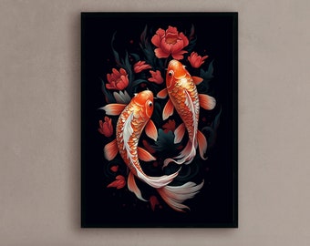 Koi fish in a pond wall art koi fish painting fish in a pond poster koi fish art