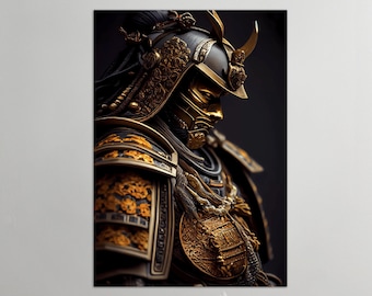 Arte murale samurai dorata, dipinto samurai dorato, arte murale samurai per l&#39;arredamento della casa, arte murale samurai, poster samurai -Stampa artistica