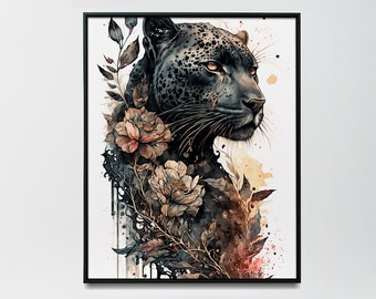 Watercolour Black panther with flowers painting watercolour jaguar wall art for home black panther poster - Print art