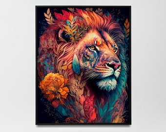 Watercolour lion abstract lion painting flower lion print flower painting for home flower painting home decor -print or art