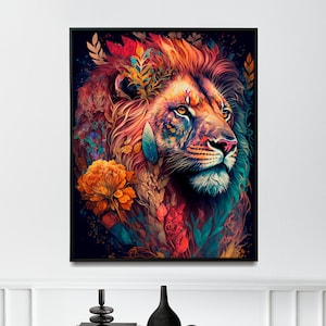 Pintura abstracta de león en acuarela, pintura de león con flores, impresión de león, pintura de flores para el hogar, pintura de flores, decoración del hogar, impresión o arte
