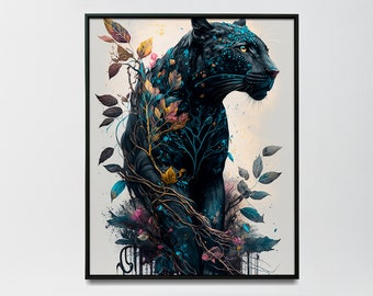 Watercolour Black panther with flowers painting watercolour jaguar wall art for home black panther poster - Print art