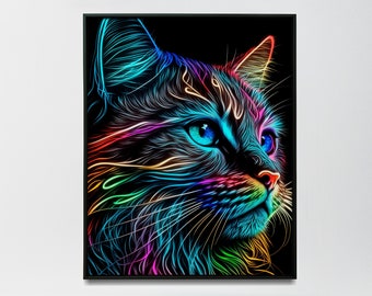 ネオン猫の壁アート抽象的な猫のポスター、家庭用カラフルな猫のアートプリント - プリントアート