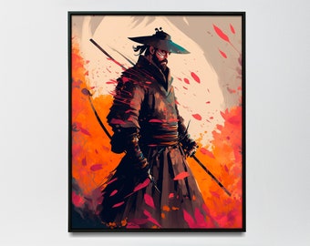 Anime samurai painting watercolour Tiger wall art for home Tiger poster - Print or Canvas