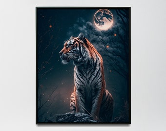 Tiger wall art astronaut tiger at night painting tiger full moon wall art poster -Print or Canvas