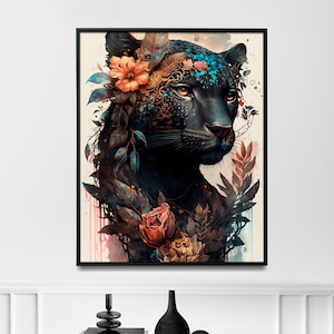 Pintura de acuarela de pantera negra con flores, arte de pared de acuarela de jaguar para el hogar, póster de pantera negra - Arte impreso