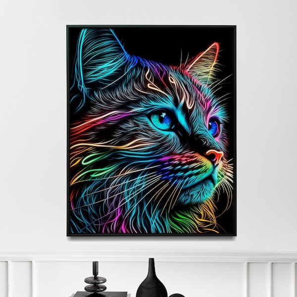 Neon cat wall art abstract cat poster for home colourful cat art print - Print or Canvas