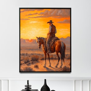 Cowboy auf einem Pferd Cowboy Malerei für Haus Sonnenuntergang Kunstdruck - Druck Kunst