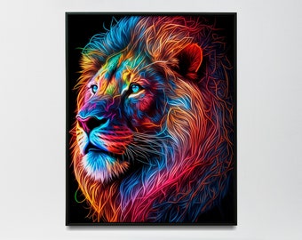 Neon lion wall art abstract lion poster for home colourful lion art print - Print art
