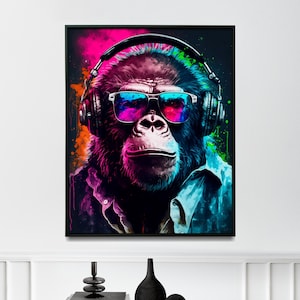 Bunter Affe mit Kopfhörern Wandkunst Affe mit Musik hören Malerei buntes Affenplakat-Druckkunst