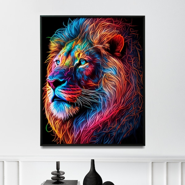 Cartel de león abstracto de arte de pared de león de neón para impresión de arte de león colorido en el hogar - Impresión o lienzo