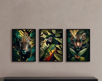 Jungle animal set of 3 wall art Jaguar wall art  Parrot print rainforest painting Tiger art art decor Exotic animal trio art Jungle art